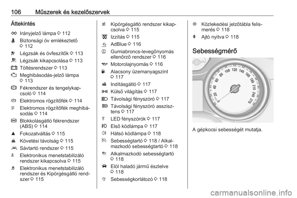 OPEL ASTRA K 2019  Kezelési útmutató (in Hungarian) 106Műszerek és kezelőszervekÁttekintésOIrányjelző lámpa 3 112XBiztonsági öv emlékeztető
3  112vLégzsák és övfeszítők  3 113VLégzsák kikapcsolása  3 113pTöltésrendszer  3 113ZMeg