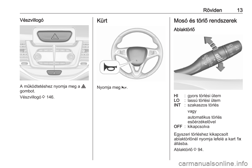 OPEL ASTRA K 2019.5 Kezelési útmutató (in Hungarian) Röviden13Vészvillogó
A működtetéshez nyomja meg a ¨
gombot.
Vészvillogó 3 146.
Kürt
Nyomja meg j.
Mosó és törlő rendszerek
AblaktörlőHI:gyors törlési ütemLO:lassú törlési ütem OPEL ASTRA K 2019.5 Kezelési útmutató (in Hungarian) Röviden13Vészvillogó
A működtetéshez nyomja meg a ¨
gombot.
Vészvillogó 3 146.
Kürt
Nyomja meg j.
Mosó és törlő rendszerek
AblaktörlőHI:gyors törlési ütemLO:lassú törlési ütem