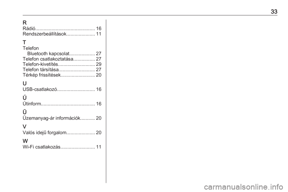OPEL ASTRA K 2020  Infotainment kézikönyv (in Hungarian) 33RRádió ............................................ 16
Rendszerbeállítások .....................11
T
Telefon Bluetooth kapcsolat ...................27
Telefon csatlakoztatása ................2