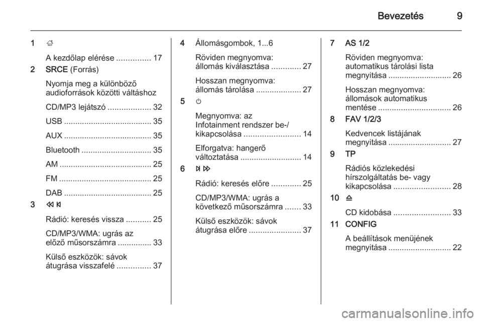 OPEL CASCADA 2015.5  Infotainment kézikönyv (in Hungarian) Bevezetés9
1;
A kezdőlap elérése ...............17
2 SRCE  (Forrás)
Nyomja meg a különböző
audioforrások közötti váltáshoz
CD/MP3 lejátszó ...................32
USB ...................