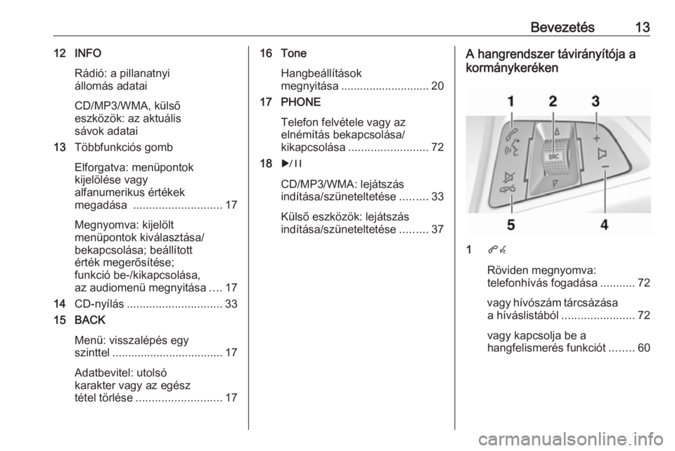 OPEL CASCADA 2017.5  Infotainment kézikönyv (in Hungarian) Bevezetés1312 INFORádió: a pillanatnyi
állomás adatai
CD/MP3/WMA, külső
eszközök: az aktuális
sávok adatai
13 Többfunkciós gomb
Elforgatva: menüpontok
kijelölése vagy
alfanumerikus ér