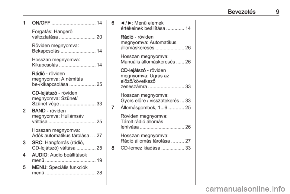 OPEL COMBO 2016  Infotainment kézikönyv (in Hungarian) Bevezetés91 ON/OFF................................ 14
Forgatás: Hangerő
változtatása ........................... 20
Röviden megnyomva:
Bekapcsolás .......................... 14
Hosszan megnyomv