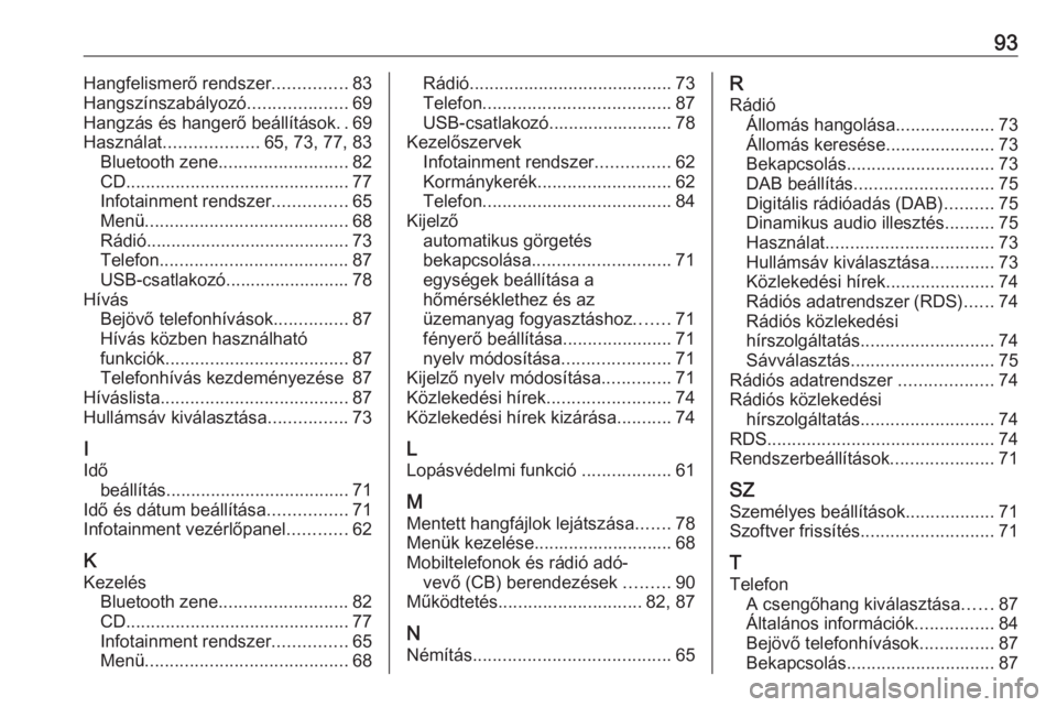 OPEL COMBO E 2019  Infotainment kézikönyv (in Hungarian) 93Hangfelismerő rendszer...............83
Hangszínszabályozó ....................69
Hangzás és hangerő beállítások ..69
Használat ................... 65, 73, 77, 83
Bluetooth zene .........