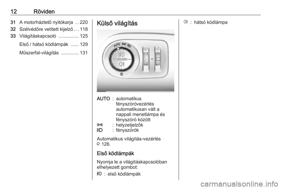 OPEL COMBO E 2019  Kezelési útmutató (in Hungarian) 12Röviden31A motorháztető nyitókarja  ..220
32 Szélvédőre vetített kijelző ...118
33 Világításkapcsoló  ...............125
Első / hátsó ködlámpák  ......129
Műszerfal-világítás 