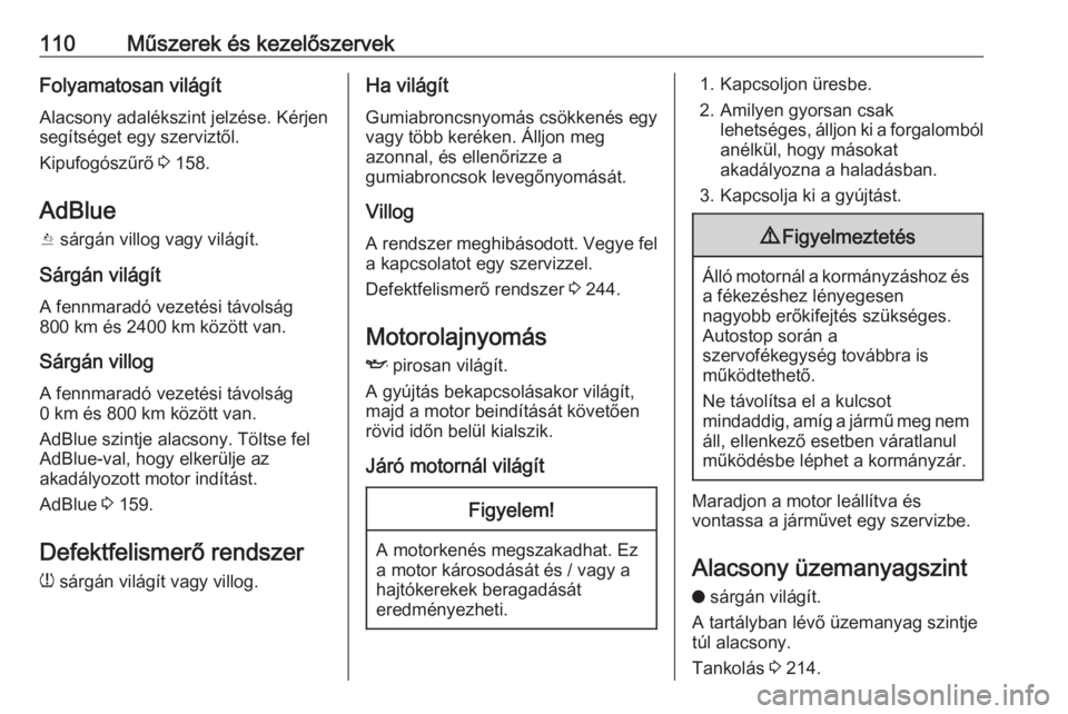 OPEL COMBO E 2019.75  Kezelési útmutató (in Hungarian) 110Műszerek és kezelőszervekFolyamatosan világít
Alacsony adalékszint jelzése. Kérjen segítséget egy szerviztől.
Kipufogószűrő  3 158.
AdBlue
Y  sárgán villog vagy világít.
Sárgán 