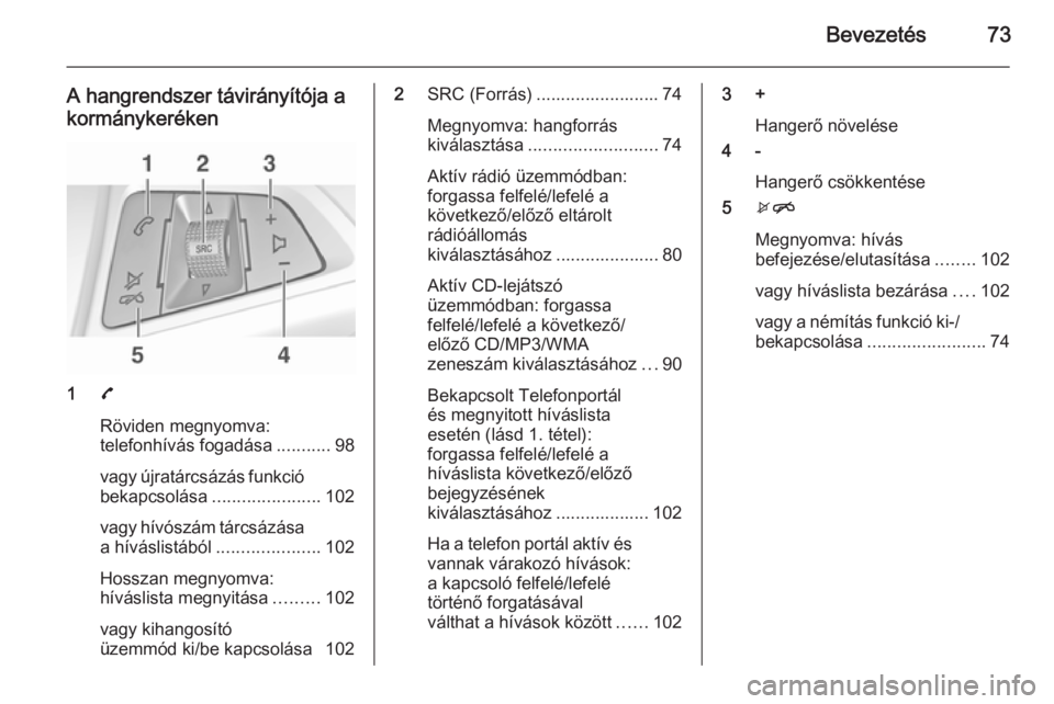 OPEL KARL 2016.5 Infotainment kézikönyv (in Hungarian) Bevezetés73
A hangrendszer távirányítója akormánykeréken
1 7
Röviden megnyomva:
telefonhívás fogadása ...........98
vagy újratárcsázás funkció bekapcsolása ...................... 102
OPEL KARL 2016.5 Infotainment kézikönyv (in Hungarian) Bevezetés73
A hangrendszer távirányítója akormánykeréken
1 7
Röviden megnyomva:
telefonhívás fogadása ...........98
vagy újratárcsázás funkció bekapcsolása ...................... 102