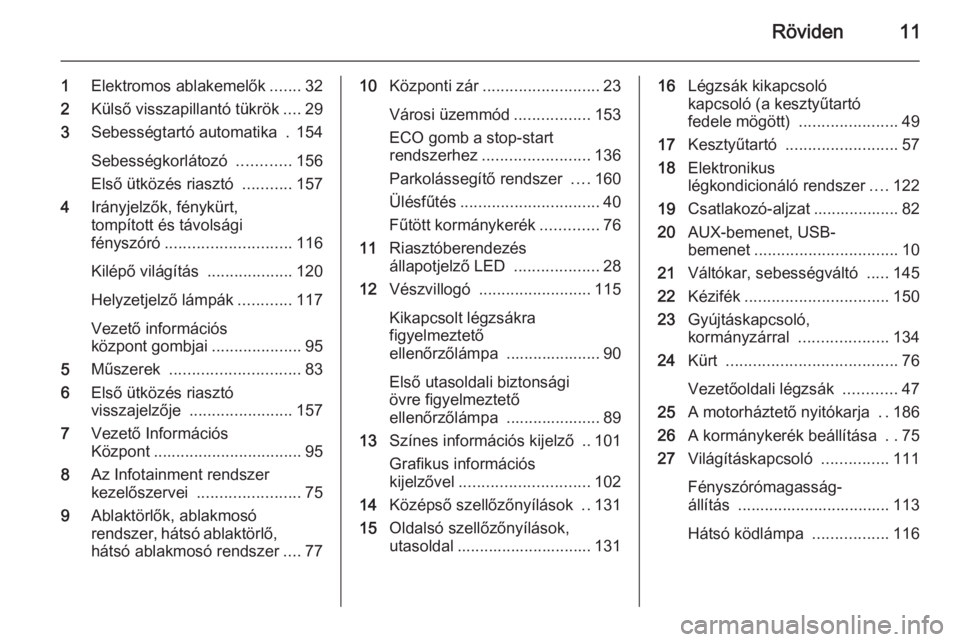 OPEL CORSA 2015.5  Kezelési útmutató (in Hungarian) Röviden11
1Elektromos ablakemelők .......32
2 Külső visszapillantó tükrök ....29
3 Sebességtartó automatika  . 154
Sebességkorlátozó  ............156
Első ütközés riasztó  ...........