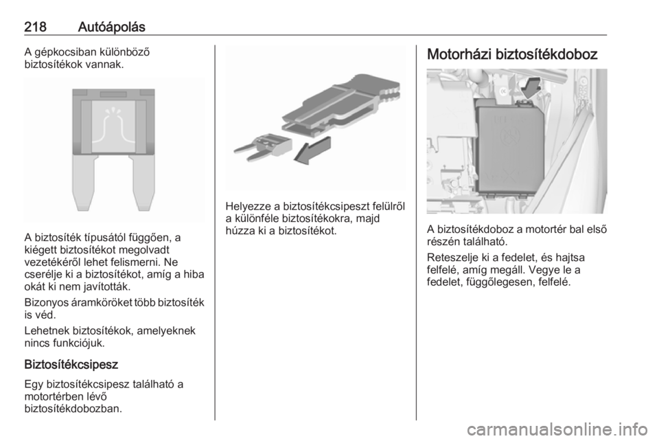 OPEL CORSA E 2018  Kezelési útmutató (in Hungarian) 218AutóápolásA gépkocsiban különböző
biztosítékok vannak.
A biztosíték típusától függően, a
kiégett biztosítékot megolvadt
vezetékéről lehet felismerni. Ne
cserélje ki a biztos