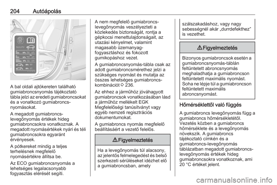 OPEL CROSSLAND X 2020 Kezelési útmutató (in Hungarian) 204Autóápolás
A bal oldali ajtókereten található
gumiabroncsnyomás tájékoztató
tábla jelzi az eredeti gumiabroncsokat és a vonatkozó gumiabroncs-
nyomásokat.
A megadott gumiabroncs-
leve OPEL CROSSLAND X 2020 Kezelési útmutató (in Hungarian) 204Autóápolás
A bal oldali ajtókereten található
gumiabroncsnyomás tájékoztató
tábla jelzi az eredeti gumiabroncsokat és a vonatkozó gumiabroncs-
nyomásokat.
A megadott gumiabroncs-
leve