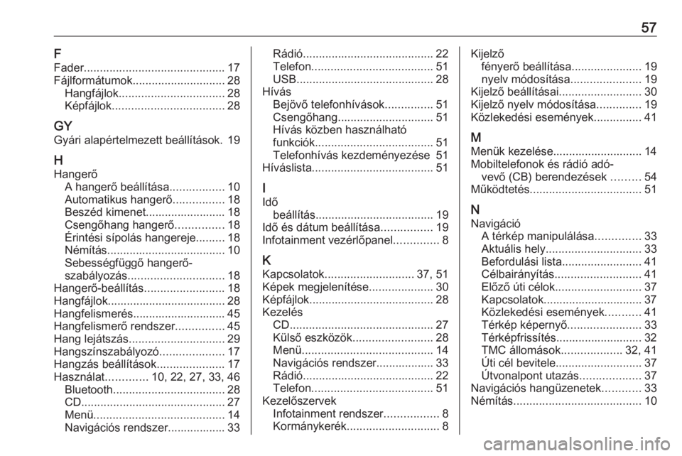 OPEL GRANDLAND X 2018.5  Infotainment kézikönyv (in Hungarian) 57F
Fader ............................................ 17
Fájlformátumok ............................. 28
Hangfájlok ................................. 28
Képfájlok ...............................