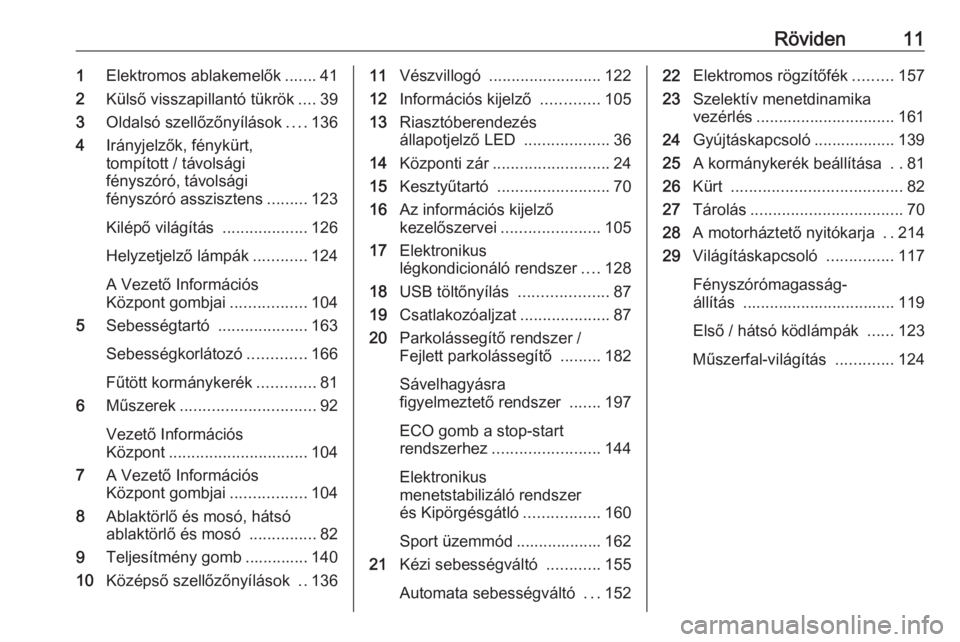OPEL GRANDLAND X 2018.5  Kezelési útmutató (in Hungarian) Röviden111Elektromos ablakemelők .......41
2 Külső visszapillantó tükrök ....39
3 Oldalsó szellőzőnyílások ....136
4 Irányjelzők, fénykürt,
tompított / távolsági
fényszóró, távo
