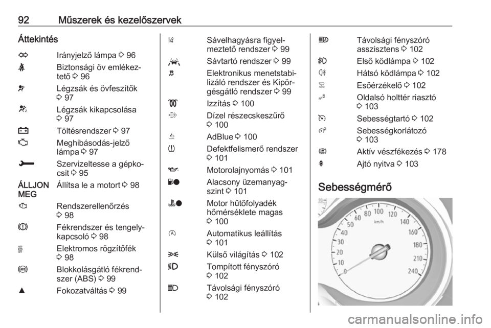 OPEL GRANDLAND X 2018.5  Kezelési útmutató (in Hungarian) 92Műszerek és kezelőszervekÁttekintésOIrányjelző lámpa 3 96XBiztonsági öv emlékez‐
tető  3 96vLégzsák és övfeszítők
3  97VLégzsák kikapcsolása
3  97pTöltésrendszer  3 97ZMeghi