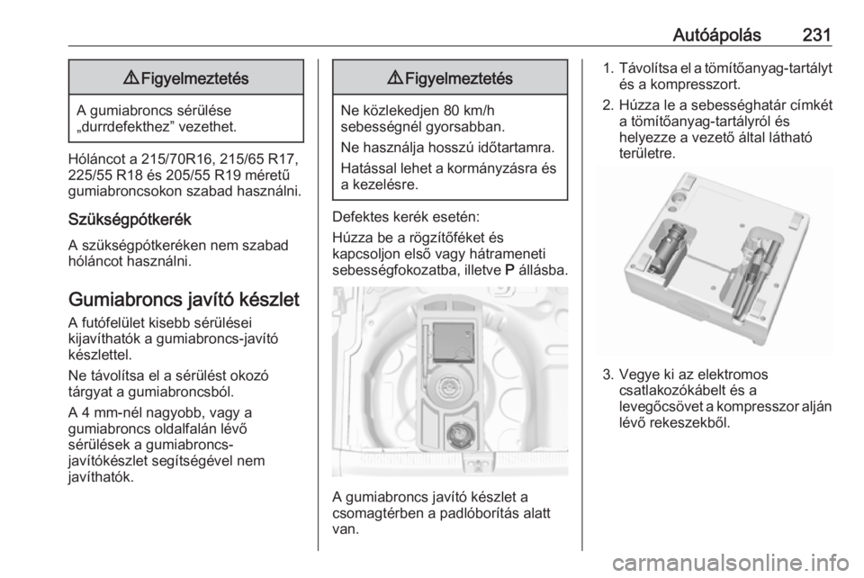 OPEL GRANDLAND X 2019.75  Kezelési útmutató (in Hungarian) Autóápolás2319Figyelmeztetés
A gumiabroncs sérülése
„durrdefekthez” vezethet.
Hóláncot a 215/70R16, 215/65 R17,
225/55 R18 és 205/55 R19 méretű
gumiabroncsokon szabad használni.
Szük