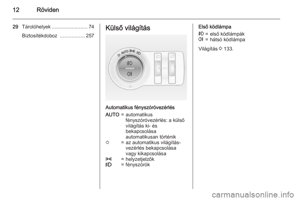 OPEL INSIGNIA 2015  Kezelési útmutató (in Hungarian) 12Röviden
29Tárolóhelyek ......................... 74
Biztosítékdoboz  .................257Külső világítás
Automatikus fényszóróvezérlés
AUTO=automatikus
fényszóróvezérlés: a küls