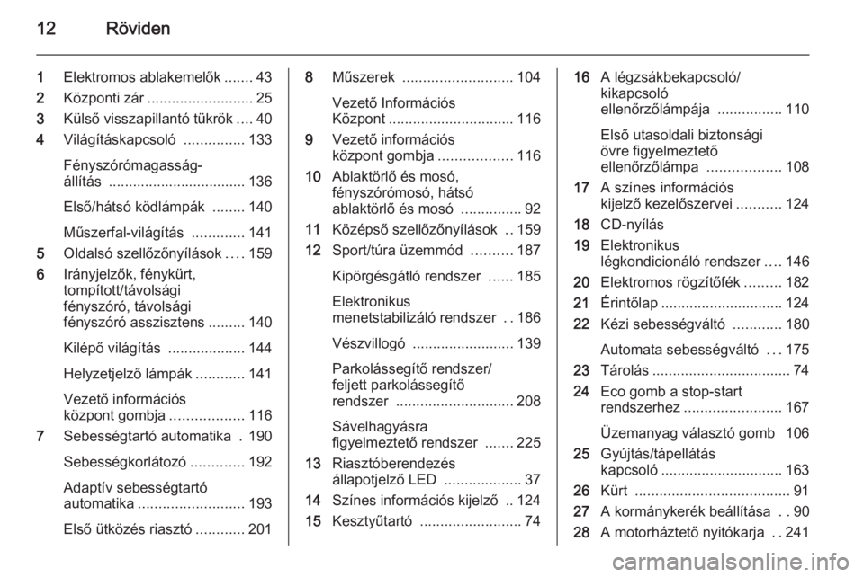 OPEL INSIGNIA 2015.5  Kezelési útmutató (in Hungarian) 12Röviden
1Elektromos ablakemelők .......43
2 Központi zár .......................... 25
3 Külső visszapillantó tükrök ....40
4 Világításkapcsoló  ...............133
Fényszórómagasság