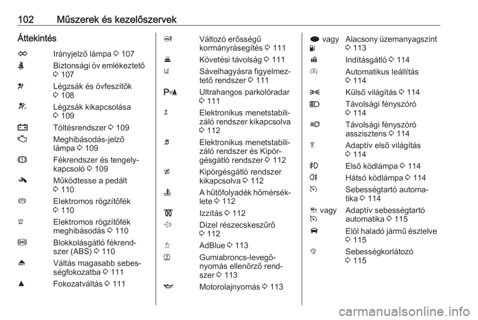 OPEL INSIGNIA 2016  Kezelési útmutató (in Hungarian) 102Műszerek és kezelőszervekÁttekintésOIrányjelző lámpa 3 107XBiztonsági öv emlékeztető
3  107vLégzsák és övfeszítők
3  108VLégzsák kikapcsolása
3  109pTöltésrendszer  3 109ZMeg