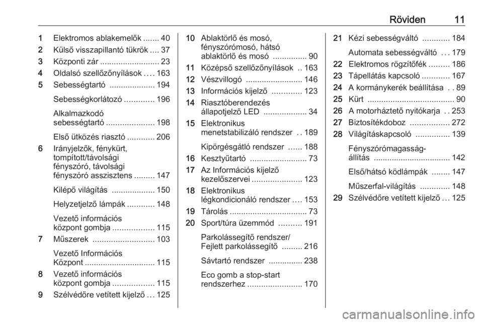 OPEL INSIGNIA BREAK 2017.75  Kezelési útmutató (in Hungarian) Röviden111Elektromos ablakemelők .......40
2 Külső visszapillantó tükrök ....37
3 Központi zár .......................... 23
4 Oldalsó szellőzőnyílások ....163
5 Sebességtartó  .......
