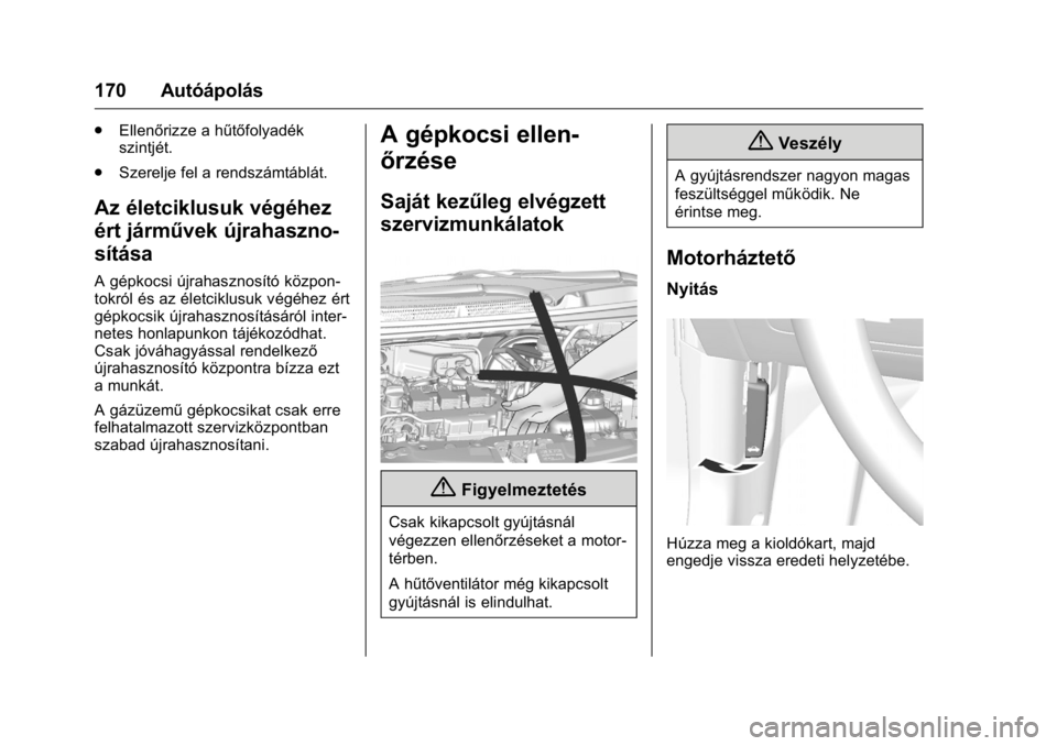 OPEL KARL 2016  Kezelési útmutató (in Hungarian) OPEL Karl Owner Manual (GMK-Localizing-EU LHD-9231167) - 2016 -
CRC - 9/9/15
170 Autóápolás
.Ellenőrizze a hűtőfolyadék
szintjét.
. Szerelje fel a rendszámtáblát.
Az életciklusuk végéhez