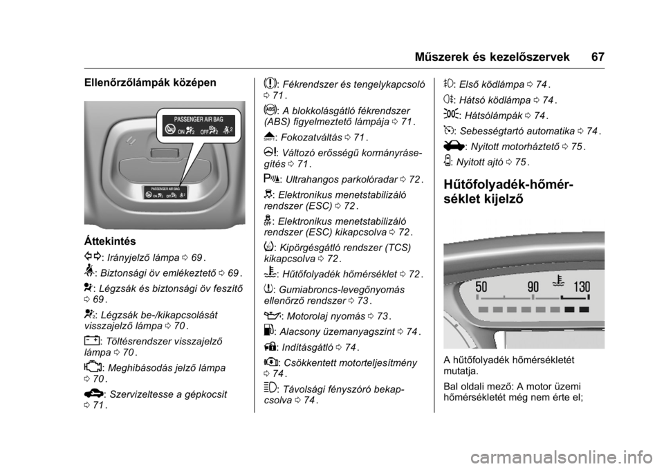 OPEL KARL 2016  Kezelési útmutató (in Hungarian) OPEL Karl Owner Manual (GMK-Localizing-EU LHD-9231167) - 2016 -
CRC - 9/9/15
Műszerek és kezelőszervek 67
Ellenőrzőlámpák középen
Áttekintés
G:Irányjelző lámpa069ii.
>:Biztonsági öv em