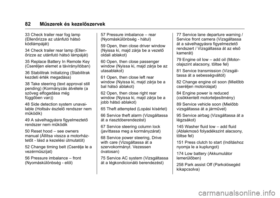 OPEL KARL 2016  Kezelési útmutató (in Hungarian) OPEL Karl Owner Manual (GMK-Localizing-EU LHD-9231167) - 2016 -
CRC - 9/9/15
82 Műszerek és kezelőszervek
33 Check trailer rear fog lamp
(Ellenőrizze az utánfutó hátsó
ködlámpáját)
34 Chec