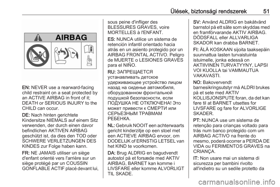 OPEL MERIVA 2016  Kezelési útmutató (in Hungarian) Ülések, biztonsági rendszerek51
EN: NEVER use a rearward-facing
child restraint on a seat protected by
an ACTIVE AIRBAG in front of it;
DEATH or SERIOUS INJURY to the
CHILD can occur.
DE:  Nach hin