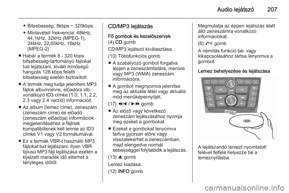 OPEL MOKKA 2014 Infotainment kézikönyv (in Hungarian) Audio lejátszó207
◆ Bitsebesség: 8kbps ~ 320kbps
◆ Mintavételi frekvencia: 48kHz, 44,1kHz, 32kHz (MPEG-1),
24kHz, 22,05kHz, 16kHz
(MPEG-2)
■ Habár a termék 8 - 320 kbps bitsebesség-tartom OPEL MOKKA 2014 Infotainment kézikönyv (in Hungarian) Audio lejátszó207
◆ Bitsebesség: 8kbps ~ 320kbps
◆ Mintavételi frekvencia: 48kHz, 44,1kHz, 32kHz (MPEG-1),
24kHz, 22,05kHz, 16kHz
(MPEG-2)
■ Habár a termék 8 - 320 kbps bitsebesség-tartom