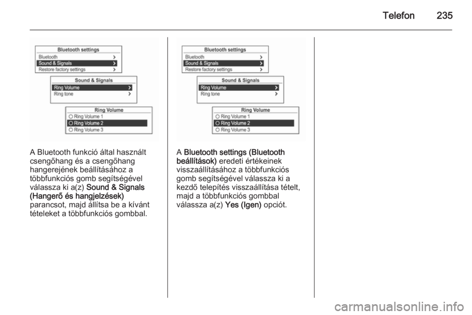 OPEL MOKKA 2014  Infotainment kézikönyv (in Hungarian) Telefon235
A Bluetooth funkció által használt
csengőhang és a csengőhang
hangerejének beállításához a
többfunkciós gomb segítségével
válassza ki a(z)  Sound & Signals
(Hangerő és ha