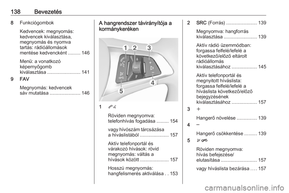 OPEL MOKKA X 2018.5 Kezelési útmutató (in Hungarian) 138Bevezetés8Funkciógombok
Kedvencek: megnyomás:
kedvencek kiválasztása,
megnyomás és nyomva
tartás: rádióállomások
mentése kedvencként .........146
Menü: a vonatkozó
képernyőgomb
ki OPEL MOKKA X 2018.5 Kezelési útmutató (in Hungarian) 138Bevezetés8Funkciógombok
Kedvencek: megnyomás:
kedvencek kiválasztása,
megnyomás és nyomva
tartás: rádióállomások
mentése kedvencként .........146
Menü: a vonatkozó
képernyőgomb
ki