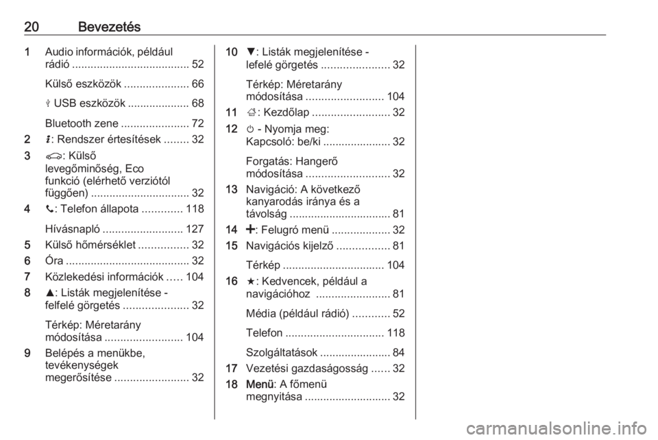 OPEL MOVANO_B 2016.5  Infotainment kézikönyv (in Hungarian) 20Bevezetés1Audio információk, például
rádió ...................................... 52
Külső eszközök .....................66
M  USB eszközök .................... 68
Bluetooth zene ......