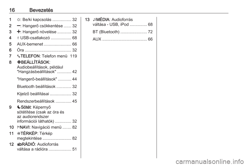 OPEL VIVARO B 2018  Infotainment kézikönyv (in Hungarian) 16Bevezetés1m: Be/ki kapcsolás ................32
2 ]: Hangerő csökkentése ......32
3 <: Hangerő növelése ............32
4 M USB-csatlakozó .................68
5 AUX-bemenet .................