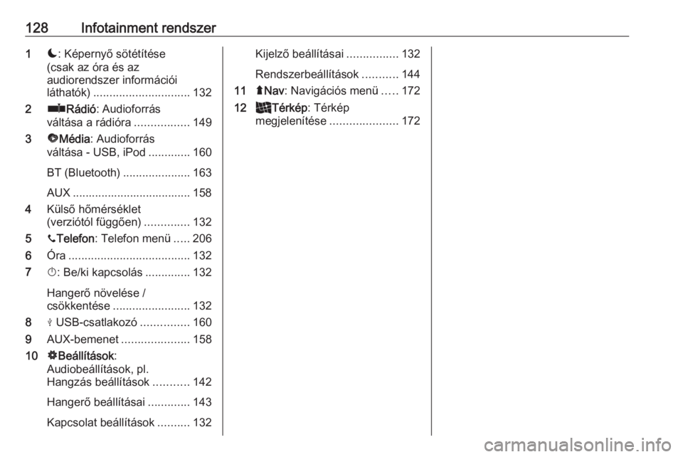 OPEL MOVANO_B 2020  Kezelési útmutató (in Hungarian) 128Infotainment rendszer1æ: Képernyő sötétítése
(csak az óra és az
audiorendszer információi
láthatók) .............................. 132
2 ñRádió : Audioforrás
váltása a rádióra 