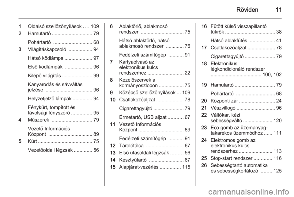 OPEL VIVARO B 2014.5  Kezelési útmutató (in Hungarian) Röviden11
1Oldalsó szellőzőnyílások ....109
2 Hamutartó ............................. 79
Pohártartó  ............................ 68
3 Világításkapcsoló  .................94
Hátsó ködl