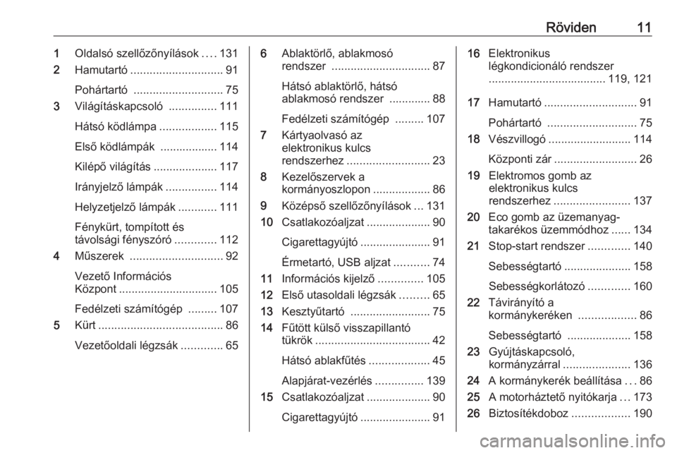 OPEL VIVARO B 2018.5  Kezelési útmutató (in Hungarian) Röviden111Oldalsó szellőzőnyílások ....131
2 Hamutartó ............................. 91
Pohártartó  ............................ 75
3 Világításkapcsoló  ...............111
Hátsó ködlá