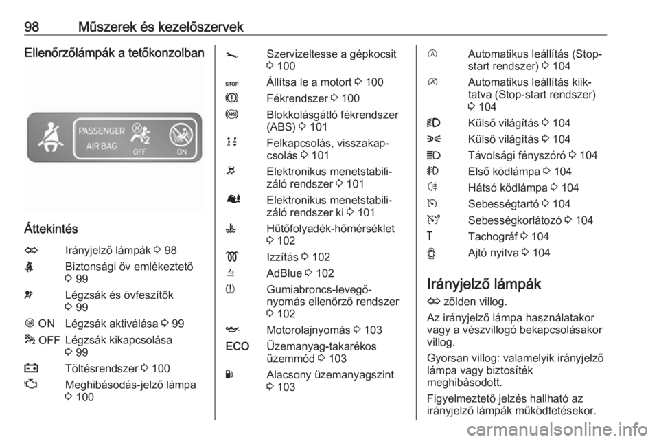 OPEL VIVARO B 2018.5  Kezelési útmutató (in Hungarian) 98Műszerek és kezelőszervekEllenőrzőlámpák a tetőkonzolban
Áttekintés
OIrányjelző lámpák 3 98XBiztonsági öv emlékeztető
3  99vLégzsák és övfeszítők
3  99Ó  ONLégzsák aktivá