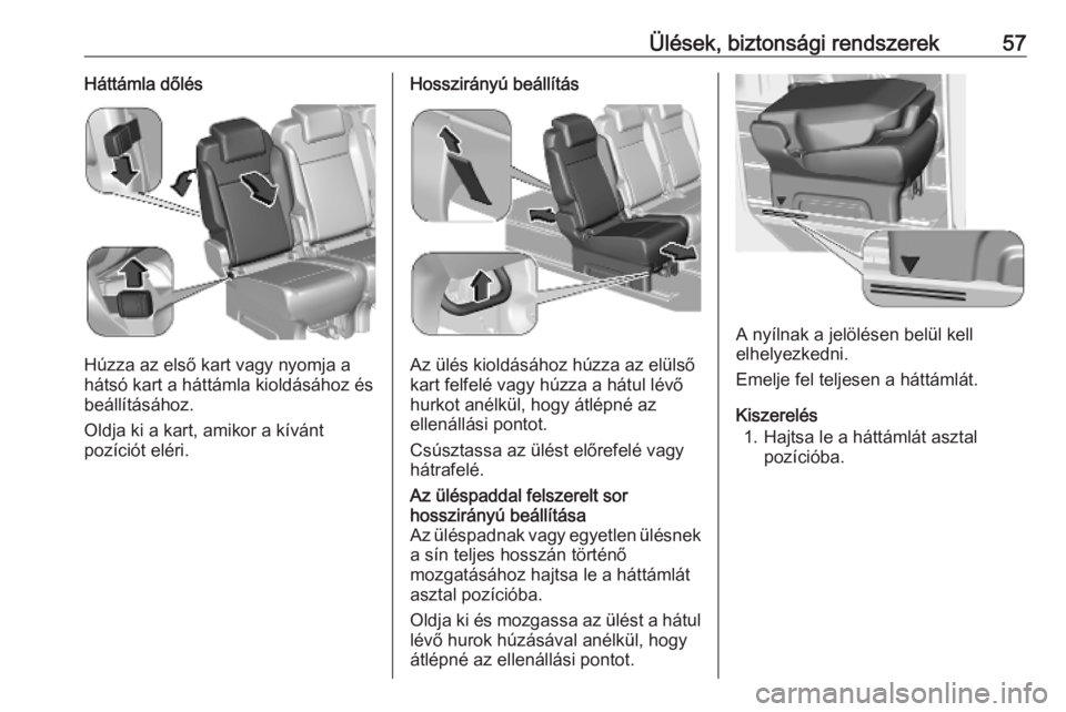 OPEL VIVARO C 2020  Kezelési útmutató (in Hungarian) Ülések, biztonsági rendszerek57Háttámla dőlés
Húzza az első kart vagy nyomja a
hátsó kart a háttámla kioldásához és beállításához.
Oldja ki a kart, amikor a kívánt
pozíciót el�