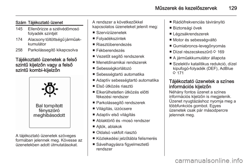 OPEL ZAFIRA C 2014.5  Kezelési útmutató (in Hungarian) Műszerek és kezelőszervek129
SzámTájékoztató üzenet145Ellenőrizze a szélvédőmosó
folyadék szintjét174Alacsony töltöttségű járműak‐
kumulátor258Parkolássegítő kikapcsolva
Tá
