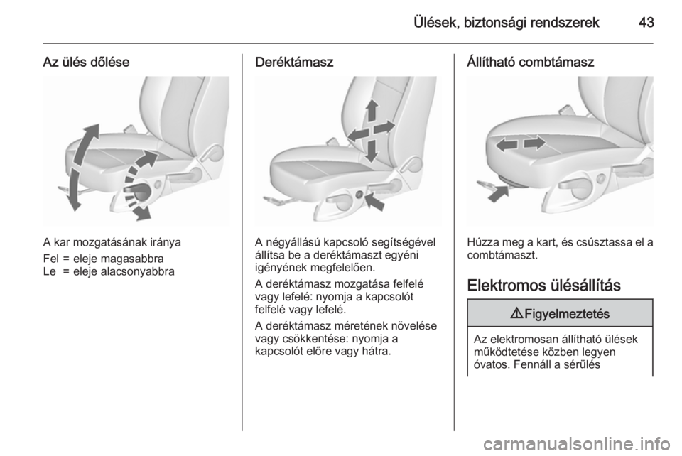 OPEL ZAFIRA C 2015.5  Kezelési útmutató (in Hungarian) Ülések, biztonsági rendszerek43
Az ülés dőlése
A kar mozgatásának iránya
Fel=eleje magasabbraLe=eleje alacsonyabbraDeréktámasz
A négyállású kapcsoló segítségével
állítsa be a der