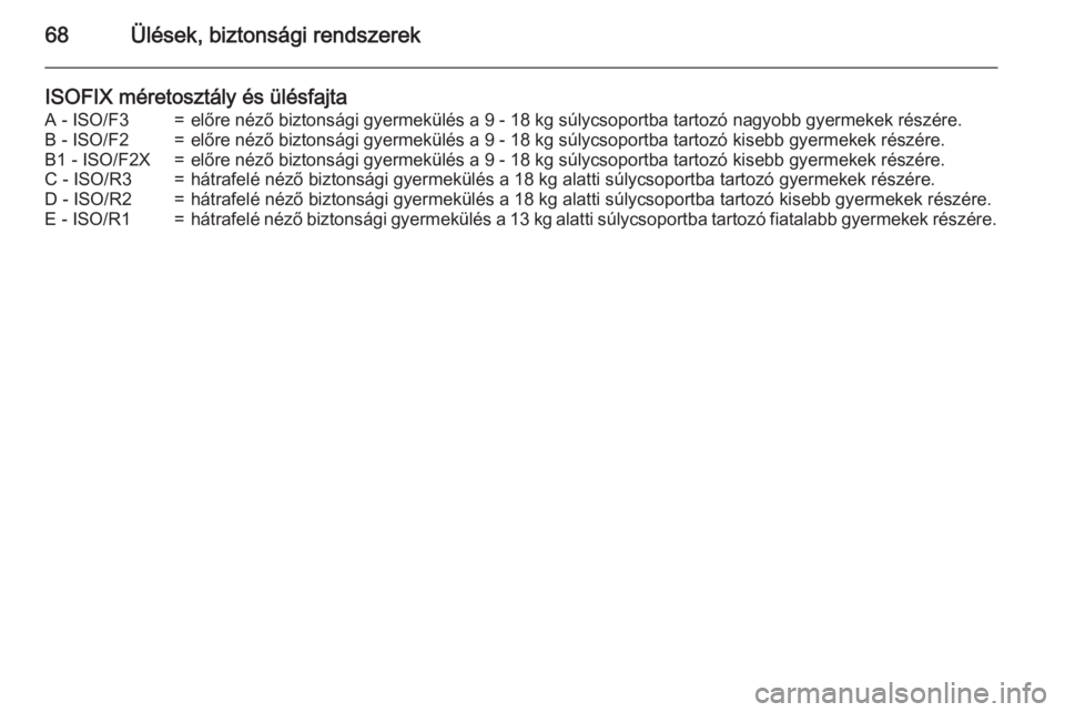 OPEL ZAFIRA C 2015.5  Kezelési útmutató (in Hungarian) 68Ülések, biztonsági rendszerek
ISOFIX méretosztály és ülésfajtaA - ISO/F3=előre néző biztonsági gyermekülés a 9 - 18 kg súlycsoportba tartozó nagyobb gyermekek részére.B - ISO/F2=el
