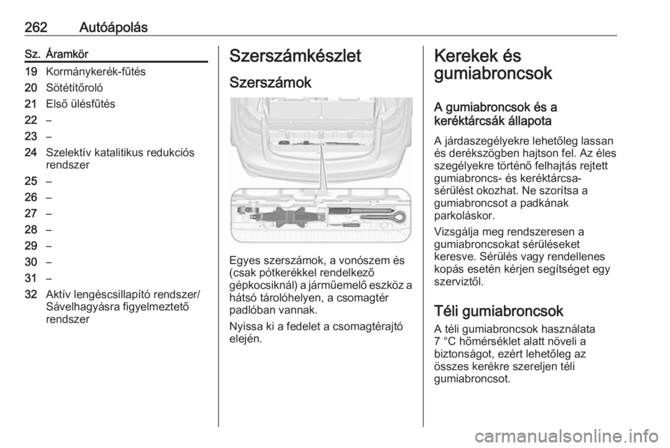 OPEL ZAFIRA C 2016 Kezelési útmutató (in Hungarian) 262AutóápolásSz.Áramkör19Kormánykerék-fűtés20Sötétítőroló21Első ülésfűtés22–23–24Szelektív katalitikus redukciós
rendszer25–26–27–28–29–30–31–32Aktív lengéscsi OPEL ZAFIRA C 2016 Kezelési útmutató (in Hungarian) 262AutóápolásSz.Áramkör19Kormánykerék-fűtés20Sötétítőroló21Első ülésfűtés22–23–24Szelektív katalitikus redukciós
rendszer25–26–27–28–29–30–31–32Aktív lengéscsi