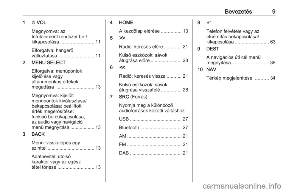 OPEL ZAFIRA C 2017.5  Infotainment kézikönyv (in Hungarian) Bevezetés91m VOL
Megnyomva: az
Infotainment rendszer be-/ kikapcsolása ......................... 11
Elforgatva: hangerő
változtatása ........................... 11
2 MENU SELECT
Elforgatva: menü