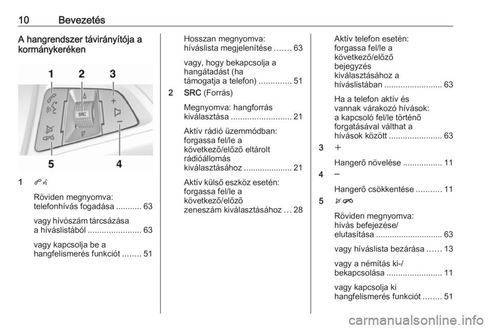 OPEL ZAFIRA C 2017.5  Infotainment kézikönyv (in Hungarian) 10BevezetésA hangrendszer távirányítója a
kormánykeréken
1 qw
Röviden megnyomva:
telefonhívás fogadása ...........63
vagy hívószám tárcsázása a híváslistából .....................