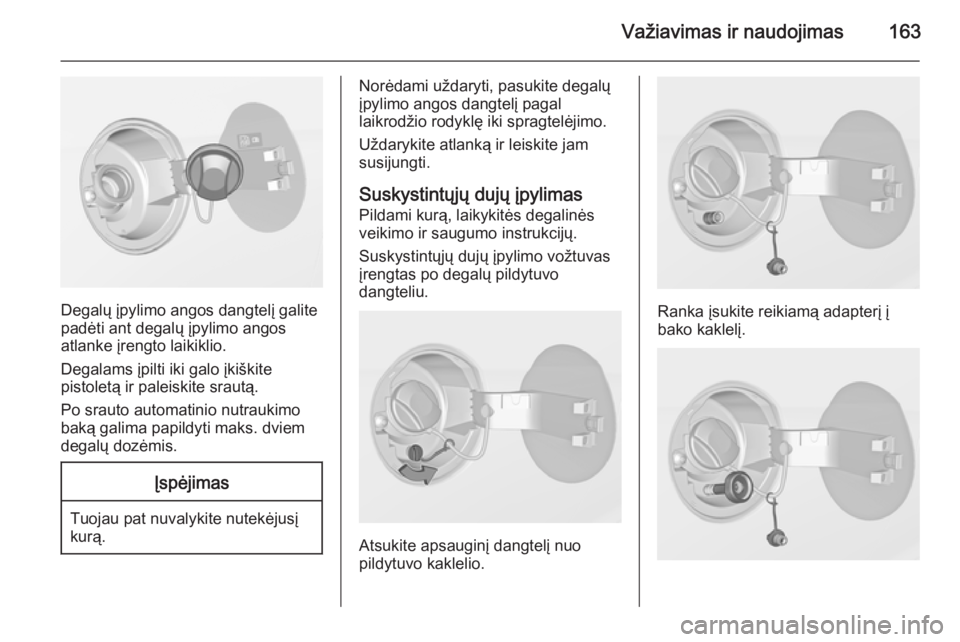 OPEL ADAM 2015.5  Savininko vadovas (in Lithuanian) Važiavimas ir naudojimas163
Degalų įpylimo angos dangtelį galite
padėti ant degalų įpylimo angos
atlanke įrengto laikiklio.
Degalams įpilti iki galo įkiškite
pistoletą ir paleiskite sraut OPEL ADAM 2015.5  Savininko vadovas (in Lithuanian) Važiavimas ir naudojimas163
Degalų įpylimo angos dangtelį galite
padėti ant degalų įpylimo angos
atlanke įrengto laikiklio.
Degalams įpilti iki galo įkiškite
pistoletą ir paleiskite sraut
