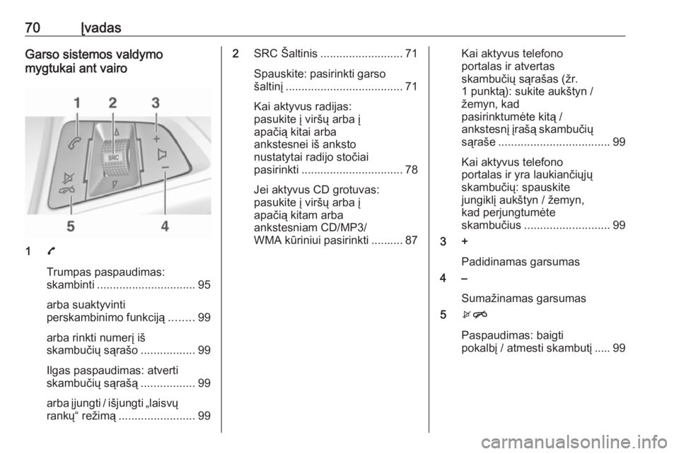OPEL ADAM 2016 Informacijos ir pramogų sistemos vadovas (in Lithuanian) 70ĮvadasGarso sistemos valdymo
mygtukai ant vairo
1 7
Trumpas paspaudimas:
skambinti ............................... 95
arba suaktyvinti
perskambinimo funkciją ........99
arba rinkti numerį iš
ska OPEL ADAM 2016 Informacijos ir pramogų sistemos vadovas (in Lithuanian) 70ĮvadasGarso sistemos valdymo
mygtukai ant vairo
1 7
Trumpas paspaudimas:
skambinti ............................... 95
arba suaktyvinti
perskambinimo funkciją ........99
arba rinkti numerį iš
ska