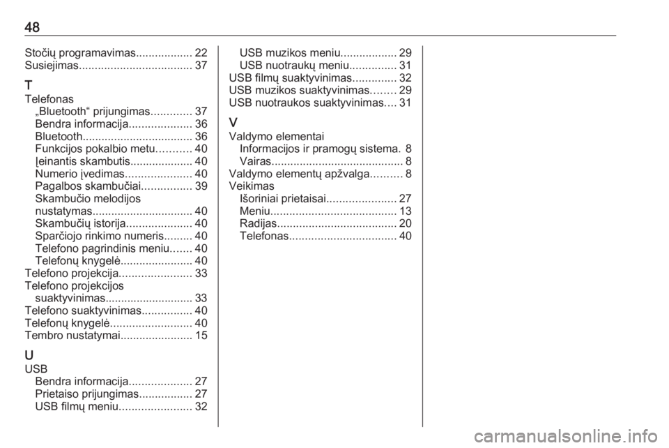 OPEL ADAM 2016.5  Informacijos ir pramogų sistemos vadovas (in Lithuanian) 48Stočių programavimas..................22
Susiejimas .................................... 37
T
Telefonas „Bluetooth“ prijungimas .............37
Bendra informacija ....................36
Blueto
