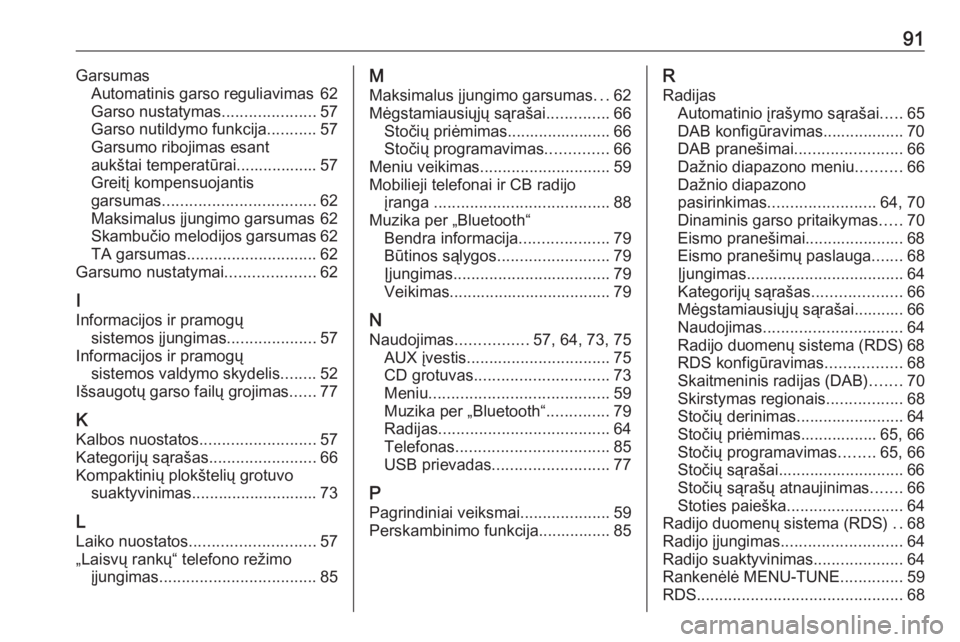 OPEL ADAM 2016.5  Informacijos ir pramogų sistemos vadovas (in Lithuanian) 91GarsumasAutomatinis garso reguliavimas 62
Garso nustatymas .....................57
Garso nutildymo funkcija ...........57
Garsumo ribojimas esant
aukštai temperatūrai.................. 57
Greitį 