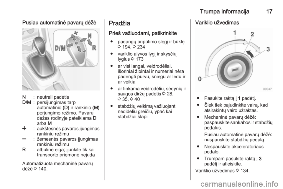 OPEL ADAM 2016.5  Savininko vadovas (in Lithuanian) Trumpa informacija17Pusiau automatinė pavarų dėžėN:neutrali padėtisD/M:persijungimas tarp
automatinio  (D) ir rankinio  (M)
perjungimo režimo. Pavarų
dėžės rodinyje pateikiama  D
arba  M<:a