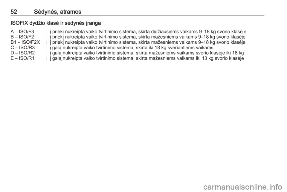 OPEL ADAM 2017.5  Savininko vadovas (in Lithuanian) 52Sėdynės, atramosISOFIX dydžio klasė ir sėdynės įrangaA – ISO/F3:į priekį nukreipta vaiko tvirtinimo sistema, skirta didžiausiems vaikams 9–18 kg svorio klasėjeB – ISO/F2:į priekį  OPEL ADAM 2017.5  Savininko vadovas (in Lithuanian) 52Sėdynės, atramosISOFIX dydžio klasė ir sėdynės įrangaA – ISO/F3:į priekį nukreipta vaiko tvirtinimo sistema, skirta didžiausiems vaikams 9–18 kg svorio klasėjeB – ISO/F2:į priekį