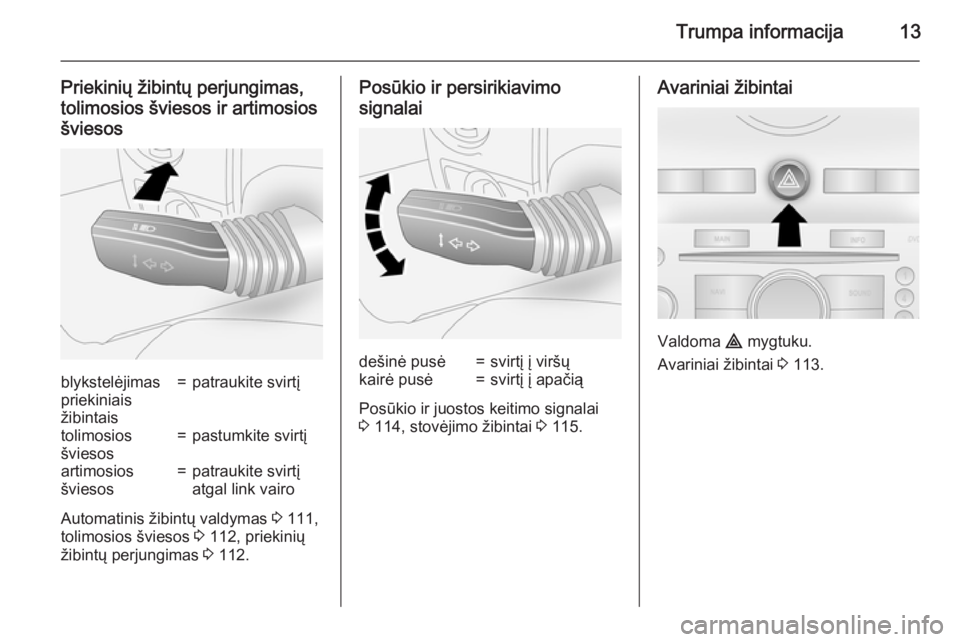 OPEL ANTARA 2015  Savininko vadovas (in Lithuanian) Trumpa informacija13
Priekinių žibintų perjungimas,
tolimosios šviesos ir artimosios šviesosblykstelėjimas
priekiniais
žibintais=patraukite svirtįtolimosios
šviesos=pastumkite svirtįartimosi