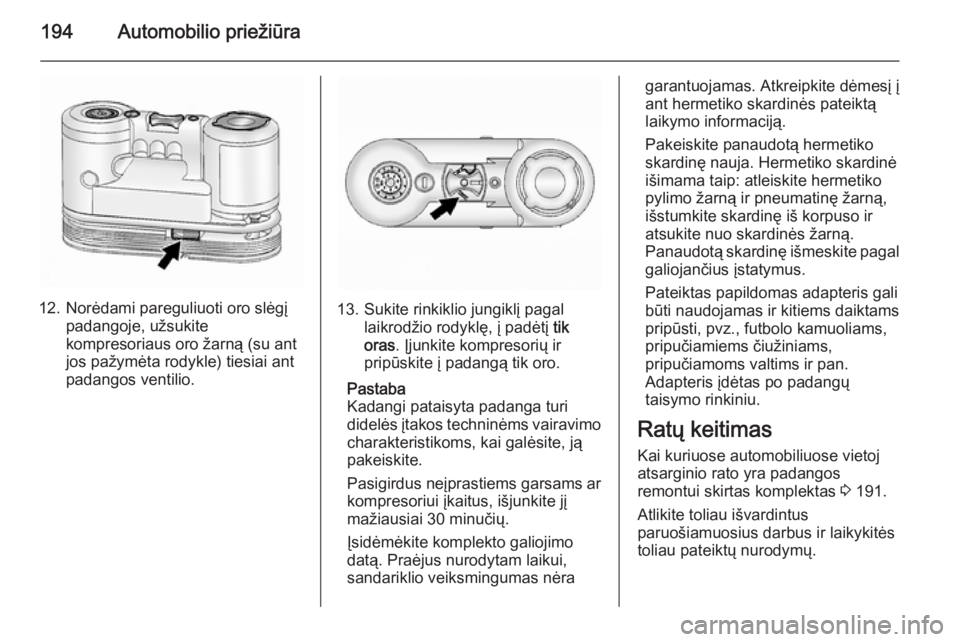 OPEL ANTARA 2015  Savininko vadovas (in Lithuanian) 194Automobilio priežiūra
12. Norėdami pareguliuoti oro slėgįpadangoje, užsukite
kompresoriaus oro žarną (su ant
jos pažymėta rodykle) tiesiai ant
padangos ventilio.13. Sukite rinkiklio jungi