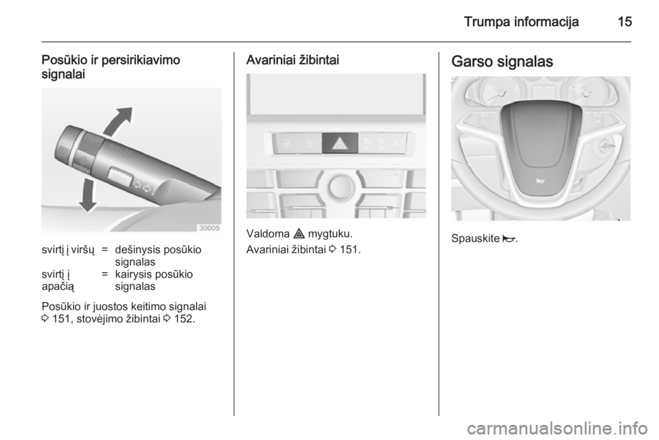 OPEL ASTRA J 2014.5 Savininko vadovas (in Lithuanian) Trumpa informacija15
Posūkio ir persirikiavimo
signalaisvirtį į viršų=dešinysis posūkio
signalassvirtį į
apačią=kairysis posūkio
signalas
Posūkio ir juostos keitimo signalai
3 151, stov OPEL ASTRA J 2014.5 Savininko vadovas (in Lithuanian) Trumpa informacija15
Posūkio ir persirikiavimo
signalaisvirtį į viršų=dešinysis posūkio
signalassvirtį į
apačią=kairysis posūkio
signalas
Posūkio ir juostos keitimo signalai
3 151, stov